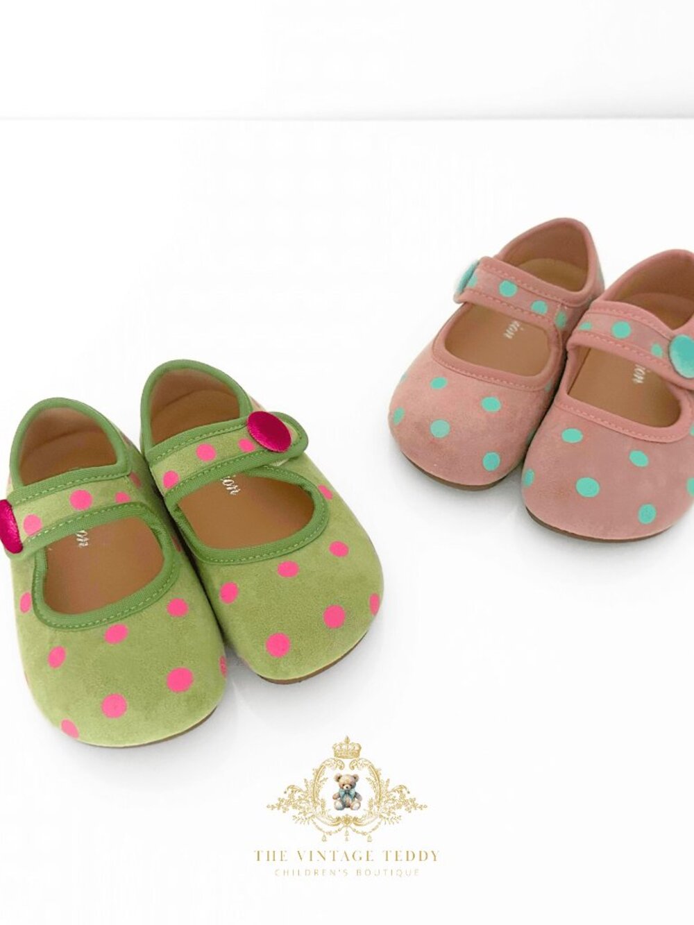 NWT Adorable Girls Flats Children's Shoes Kids Shoes Green & Pink Polkadots 7 - Picture 4 of 4